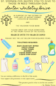 Lenten Food and Toiletry Drive – March 18th – March 22nd